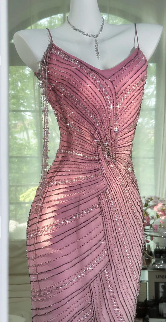 Hermosos vestidos de fiesta cortos de gasa rosa con cuentas y tirantes finos, vestidos de noche vintage ED02274
