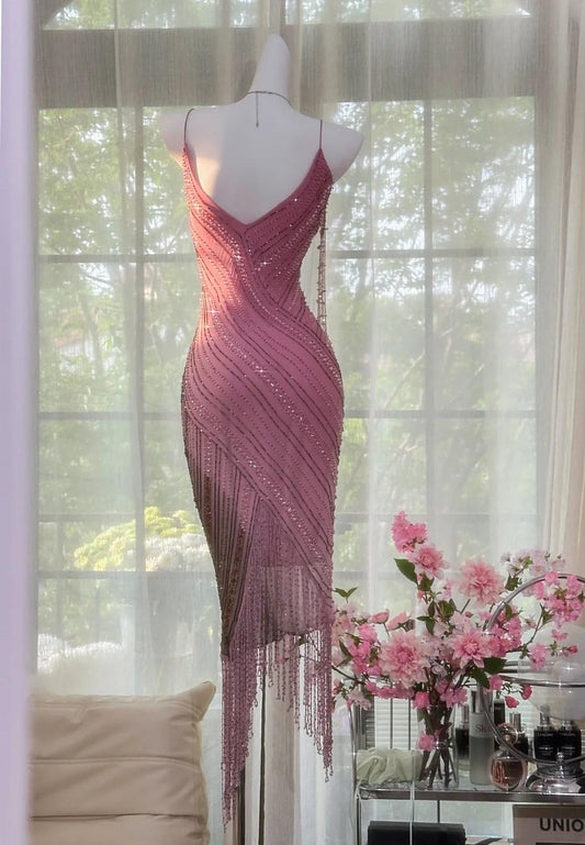 Hermosos vestidos de fiesta cortos de gasa rosa con cuentas y tirantes finos, vestidos de noche vintage ED02274