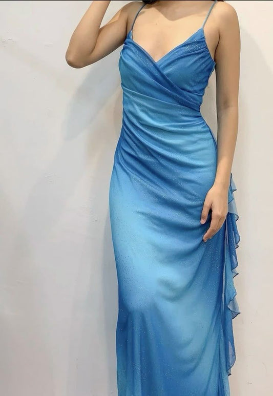 Gradient Blue Glitter Chiffon Party Dress Spaghetti Straps Ruffles Long Prom Dresses ED02279