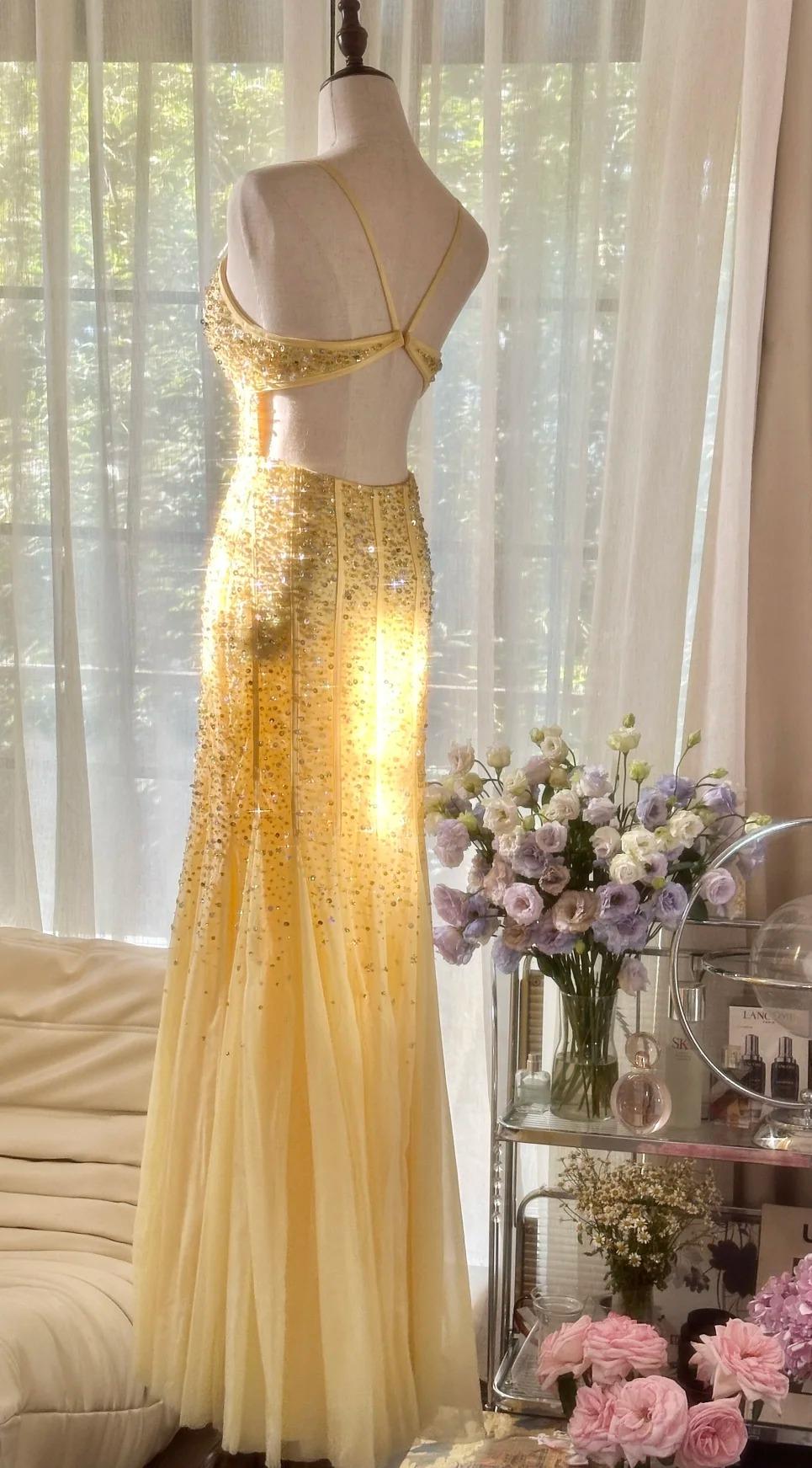 Fairytale Butter Yellow Mermaid Spaghetti Straps Tulle Sequin Long Prom Dresses Vintage Backless Evening Gowns ED02287