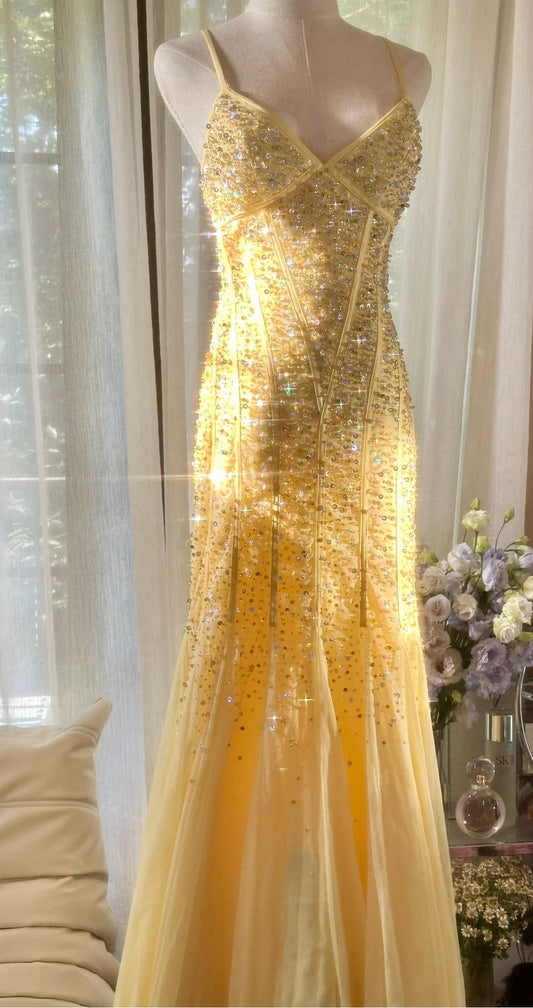 Fairytale Butter Yellow Mermaid Spaghetti Straps Tulle Sequin Long Prom Dresses Vintage Backless Evening Gowns ED02287