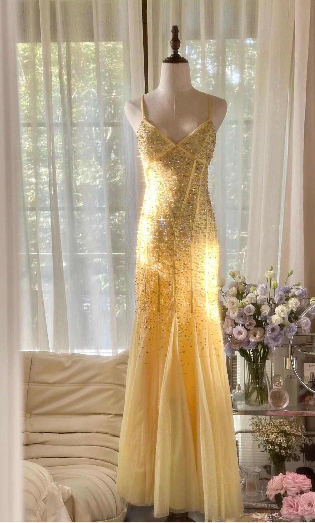 Fairytale Butter Yellow Mermaid Spaghetti Straps Tulle Sequin Long Prom Dresses Vintage Backless Evening Gowns ED02287