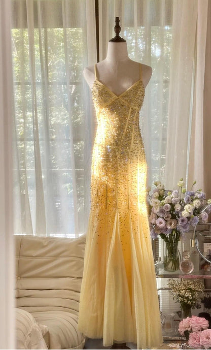 Fairytale Butter Yellow Mermaid Spaghetti Straps Tulle Sequin Long Prom Dresses Vintage Backless Evening Gowns ED02287