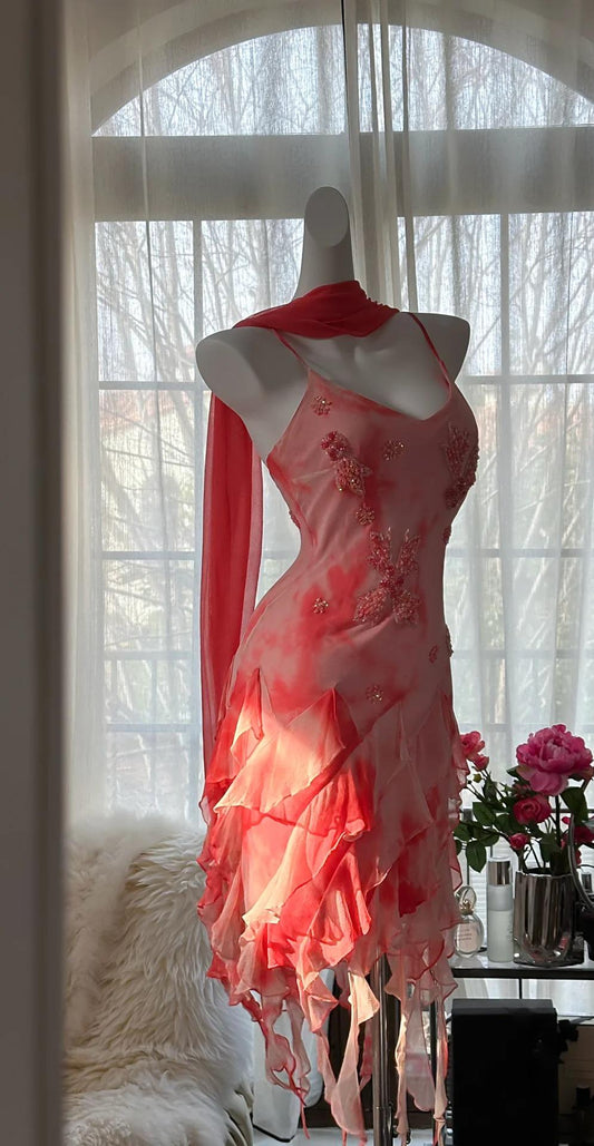 Hermosos vestidos de fiesta cortos ajustados de gasa con volantes y tirantes finos vintage ED02288