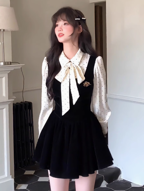 Vestido de dos piezas de terciopelo con lunares franceses y corte en A ED0228