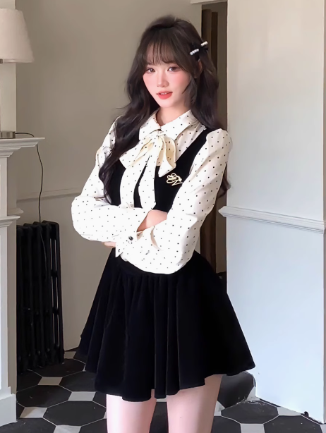 Vestido de dos piezas de terciopelo con lunares franceses y corte en A ED0228