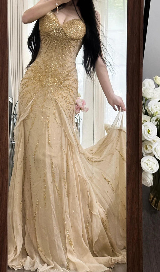 Hermosos vestidos de fiesta estilo sirena de gasa con cuentas y tirantes finos, vestidos de noche vintage ED02293