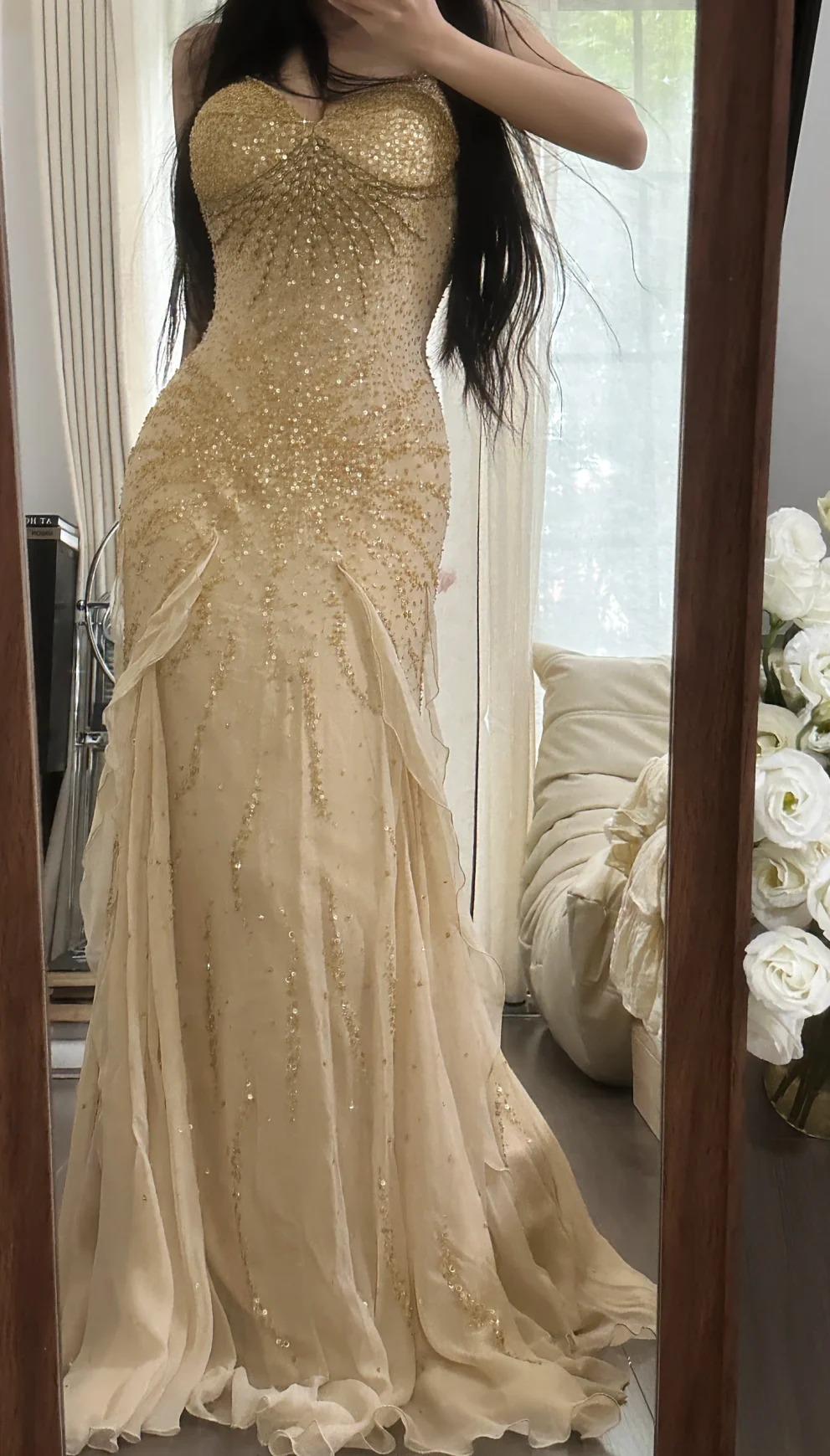 Hermosos vestidos de fiesta estilo sirena de gasa con cuentas y tirantes finos, vestidos de noche vintage ED02293