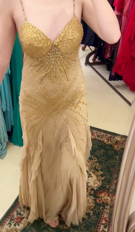 Hermosos vestidos de fiesta estilo sirena de gasa con cuentas y tirantes finos, vestidos de noche vintage ED02293