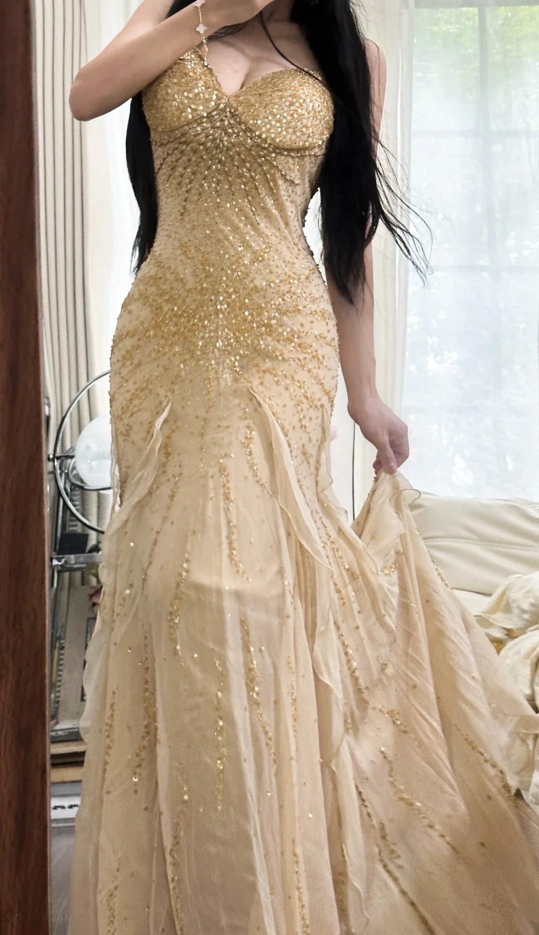 Hermosos vestidos de fiesta estilo sirena de gasa con cuentas y tirantes finos, vestidos de noche vintage ED02293