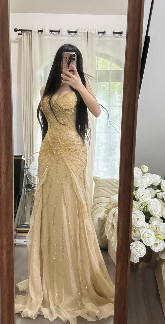 Hermosos vestidos de fiesta estilo sirena de gasa con cuentas y tirantes finos, vestidos de noche vintage ED02293