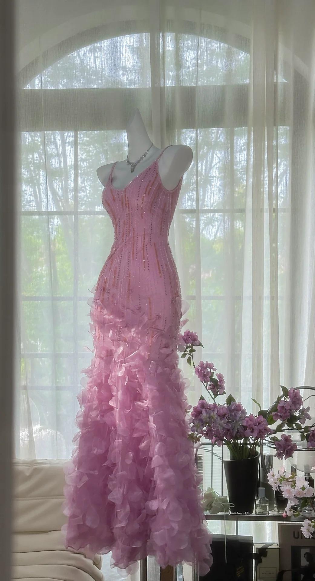 Fairytale Pink Purple Spaghetti Straps Satin Beading Long Prom Dress Retro Backless Evening Gowns ED02296