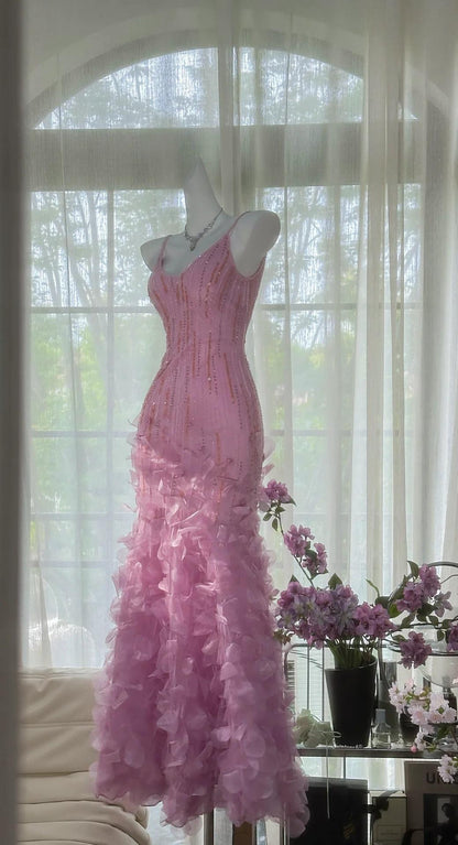 Fairytale Pink Purple Spaghetti Straps Satin Beading Long Prom Dress Retro Backless Evening Gowns ED02296