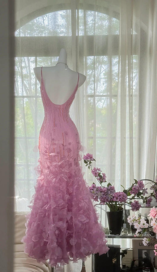 Fairytale Pink Purple Spaghetti Straps Satin Beading Long Prom Dress Retro Backless Evening Gowns ED02296