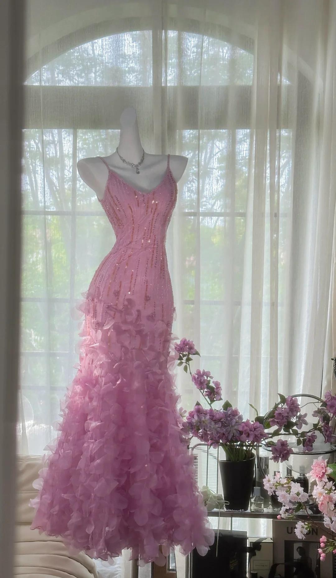Fairytale Pink Purple Spaghetti Straps Satin Beading Long Prom Dress Retro Backless Evening Gowns ED02296
