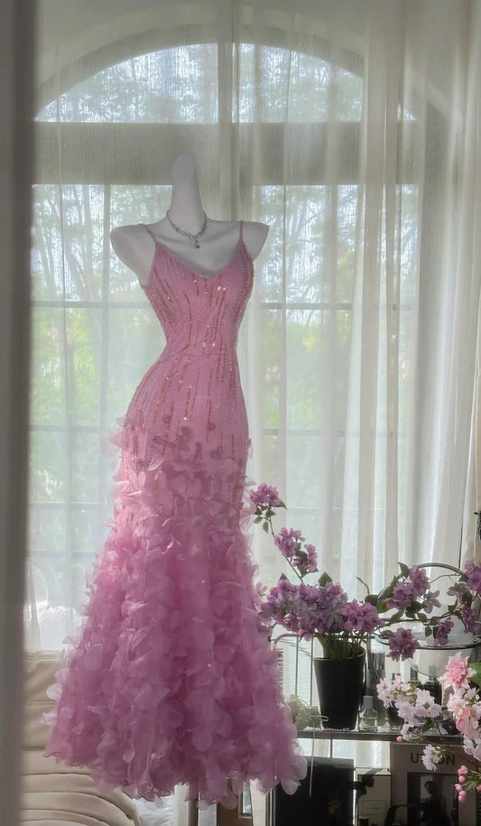 Fairytale Pink Purple Spaghetti Straps Satin Beading Long Prom Dress Retro Backless Evening Gowns ED02296