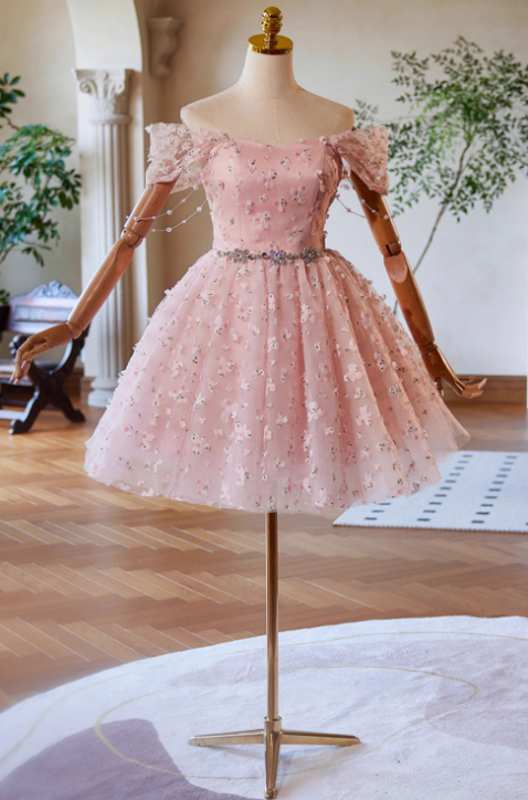 Vestido de fiesta corto rosa con encaje y tul, corte A y hombros descubiertos, vestido rosa de bienvenida ED023