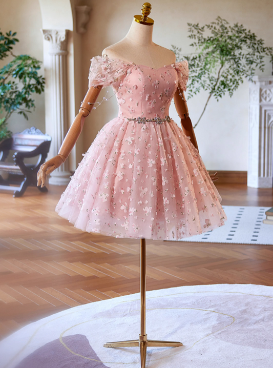 Vestido de fiesta corto rosa con encaje y tul, corte A y hombros descubiertos, vestido rosa de bienvenida ED023