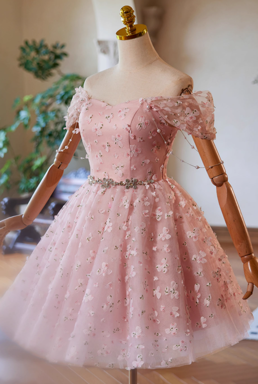 Vestido de fiesta corto rosa con encaje y tul, corte A y hombros descubiertos, vestido rosa de bienvenida ED023