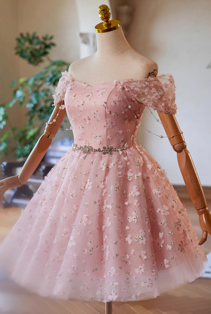Vestido de fiesta corto rosa con encaje y tul, corte A y hombros descubiertos, vestido rosa de bienvenida ED023