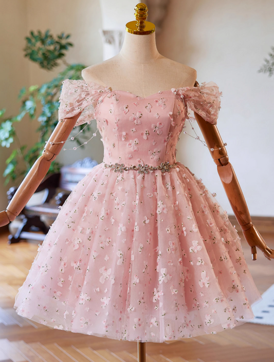 Vestido de fiesta corto rosa con encaje y tul, corte A y hombros descubiertos, vestido rosa de bienvenida ED023