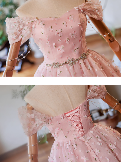 Vestido de fiesta corto rosa con encaje y tul, corte A y hombros descubiertos, vestido rosa de bienvenida ED023