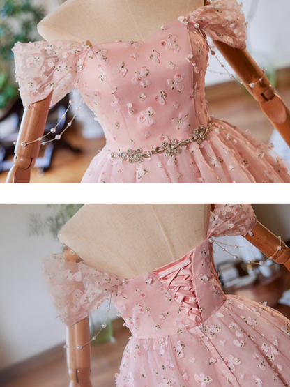 Vestido de fiesta corto rosa con encaje y tul, corte A y hombros descubiertos, vestido rosa de bienvenida ED023