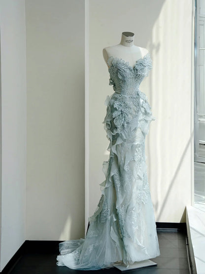 Vestido de novia largo elegante con escote corazón, sirena, tul y lentejuelas, bordado exquisito, apliques, cola, ED02301