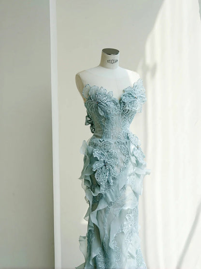 Vestido de novia largo elegante con escote corazón, sirena, tul y lentejuelas, bordado exquisito, apliques, cola, ED02301