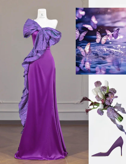 Fairytale Purple One Shoulder Mermaid Satin Bow Long Prom Dresses Sweet Evening Gowns ED02313