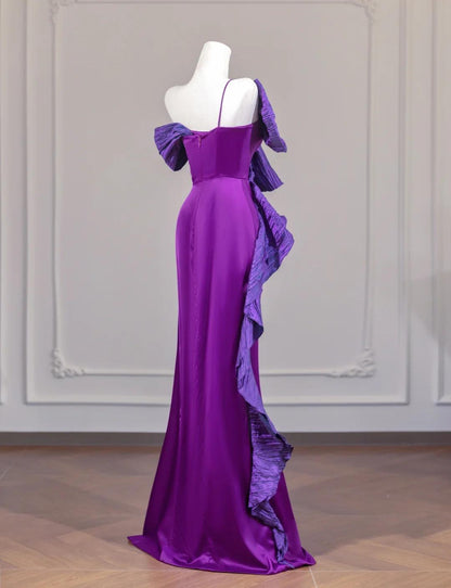 Fairytale Purple One Shoulder Mermaid Satin Bow Long Prom Dresses Sweet Evening Gowns ED02313