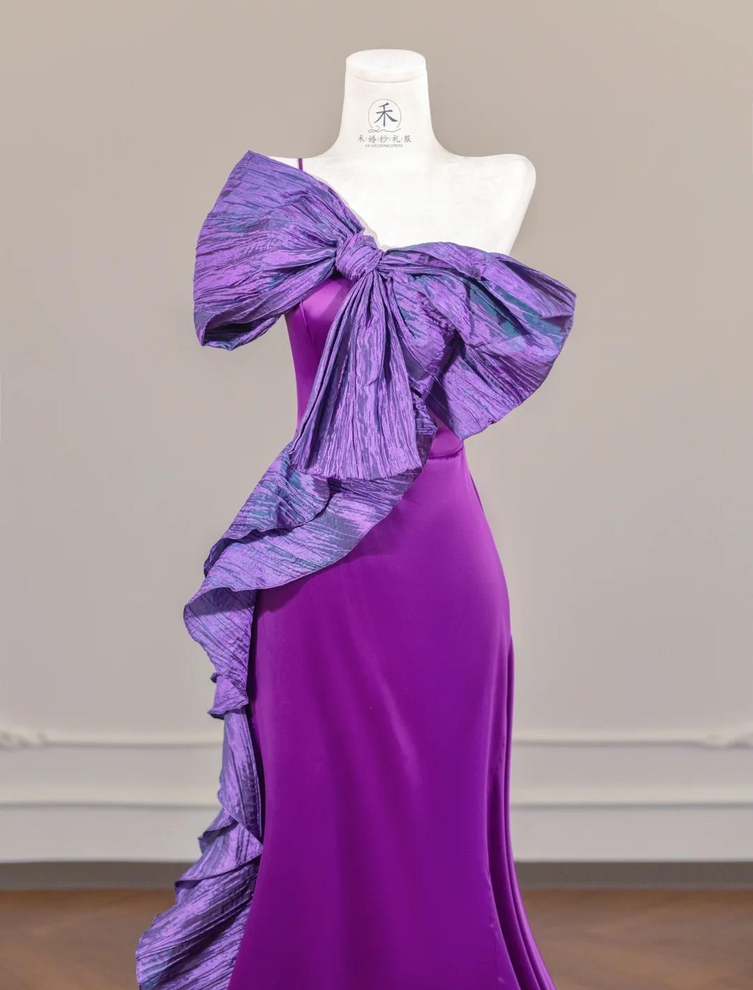 Fairytale Purple One Shoulder Mermaid Satin Bow Long Prom Dresses Sweet Evening Gowns ED02313