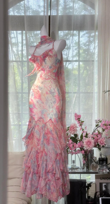Fairytale Pink Spaghetti Straps Printed Chiffon Mermaid Prom Dresses  Vintage Backless Evening Gowns ED02320