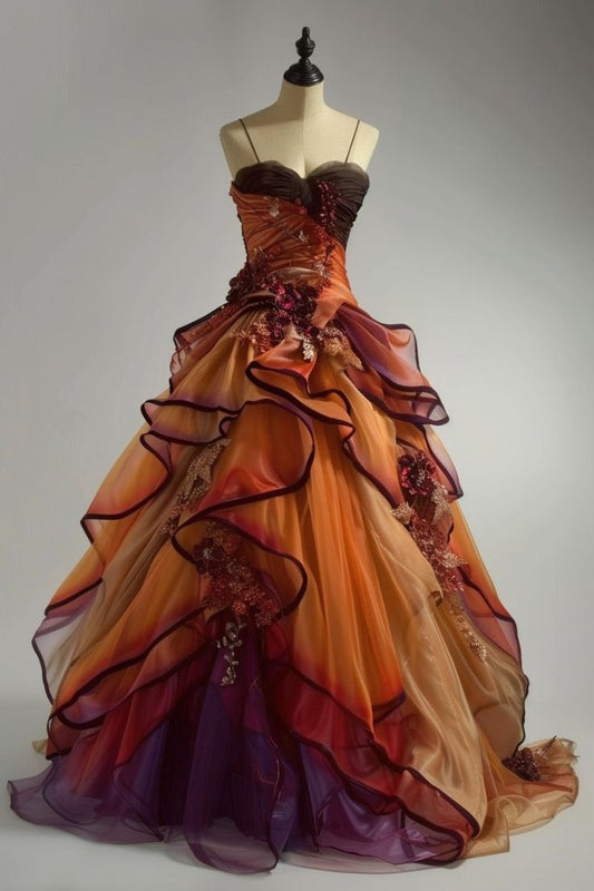 Hermosos vestidos de fiesta largos de tul en capas con tirantes finos y degradado, corte A, vestidos de noche formales ED02327