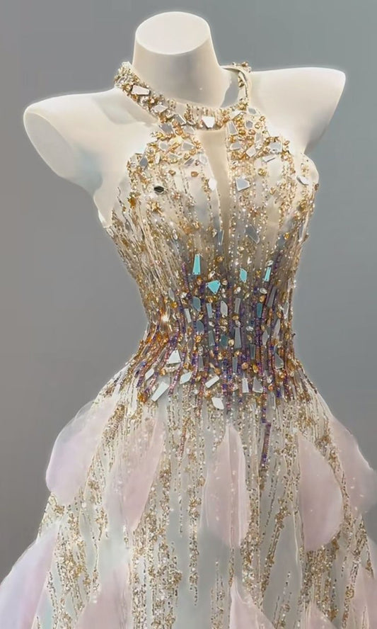 Fairytale Halter Neck A-Line Sparkling Rhinestone Tulle Long Prom Dresses Formal Evening Gowns ED02328