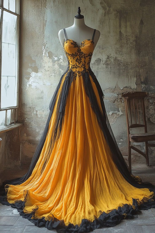 Hermosos vestidos de fiesta largos de tul amarillo con tirantes finos y corte A ED02334