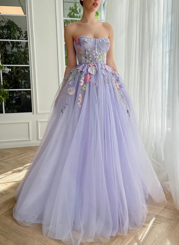 Fairytale Purple Strapless Applique Tulle A-Line Long Prom Dresses Formal Evening Gowns ED02336