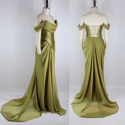 Vestido de fiesta largo de satén con hombros descubiertos, elegante y formal, estilo vintage verde, con corsé de gasa, ED02338