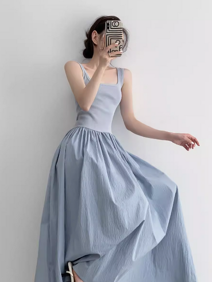 Vestido largo de punto con patchwork, sin mangas y tirantes, corte A, ED0233