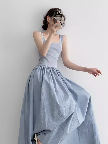Vestido largo de punto con patchwork, sin mangas y tirantes, corte A, ED0233