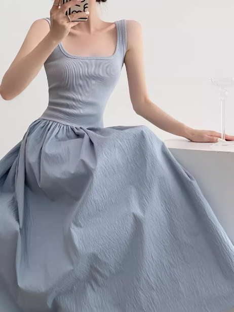 Vestido largo de punto con patchwork, sin mangas y tirantes, corte A, ED0233
