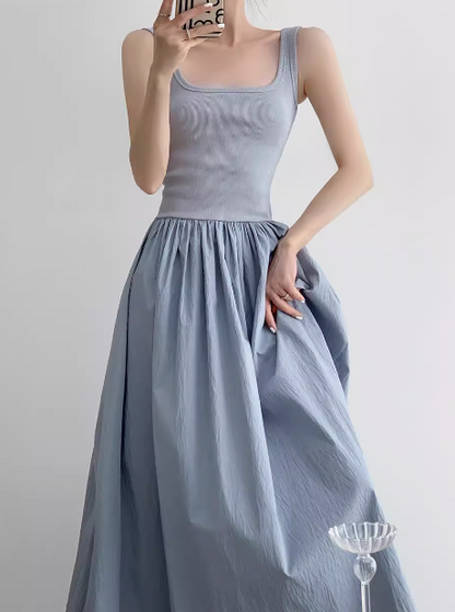 Vestido largo de punto con patchwork, sin mangas y tirantes, corte A, ED0233