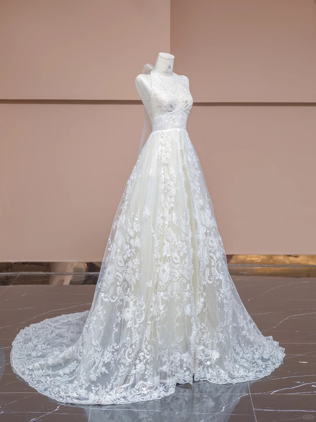 Elegante vestido de novia blanco con escote en V, apliques de encaje y cola ED02345