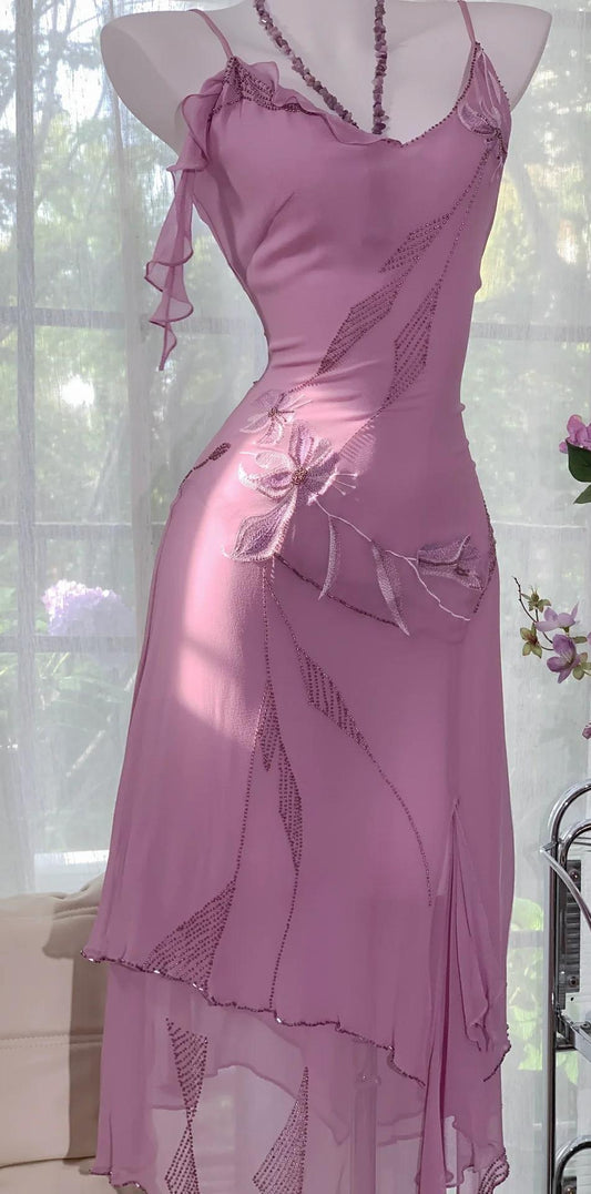 Vestidos de fiesta cortos vintage morados de gasa con tirantes finos y cuentas, ED02346