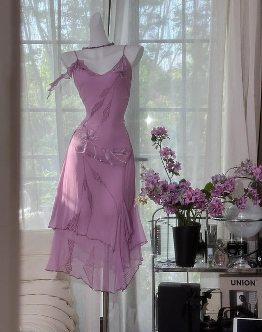 Vestidos de fiesta cortos vintage morados de gasa con tirantes finos y cuentas, ED02346