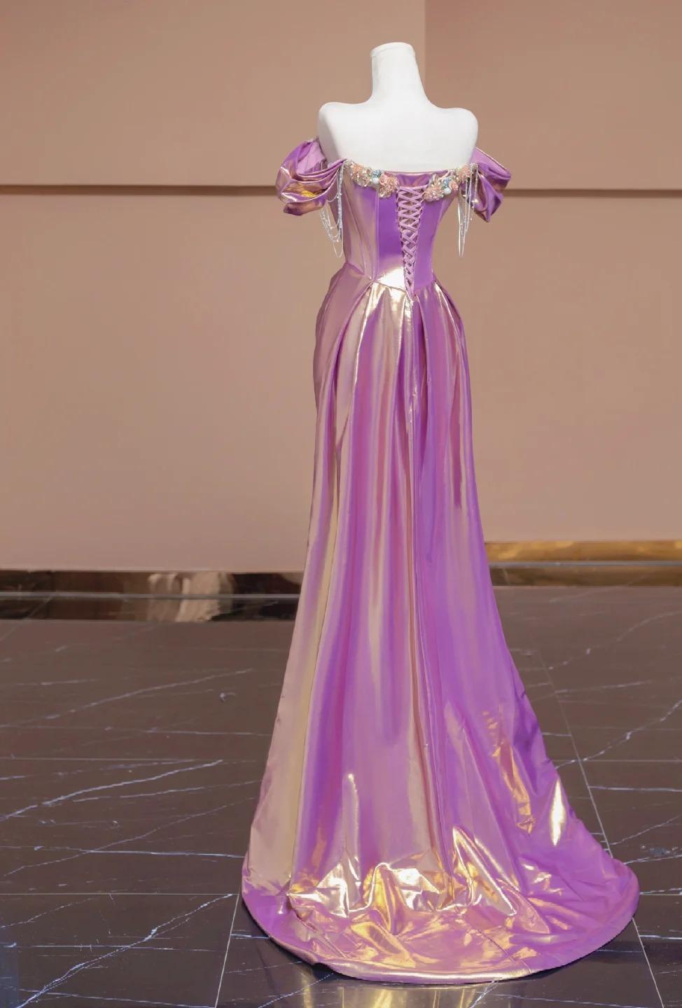 Hermosos vestidos de fiesta largos de satén morado con hombros descubiertos y cuentas, corte A, elegantes vestidos de noche formales ED02356