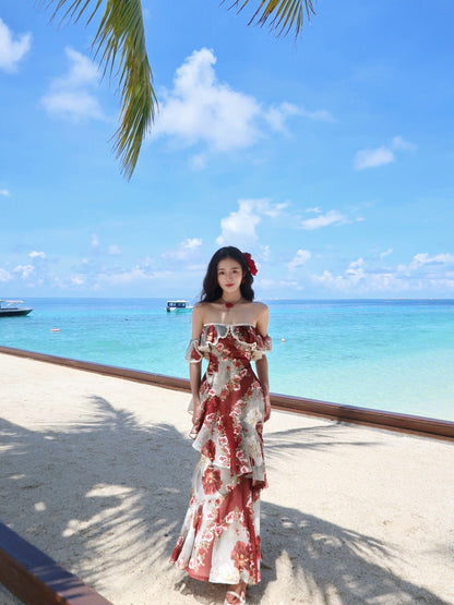 Fashion Red Off Shoulder Printed Chiffon A-line Party Dresses Daily Evening Gowns ED02358