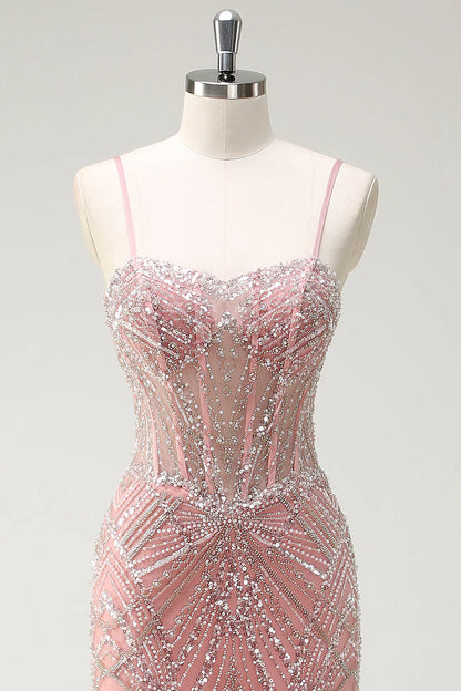 Fairytale Peach Spaghetti Straps Mermaid Beaded Tulle Long Prom Dresses Formal Evening Gowns  ED02366