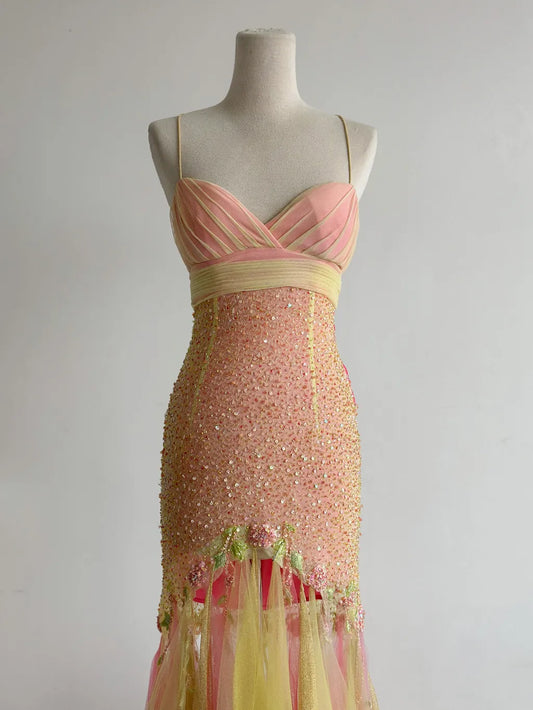 Hermoso vestido de fiesta largo estilo sirena de tul rosa y amarillo con tirantes finos y cuentas, estilo vintage, ED02371