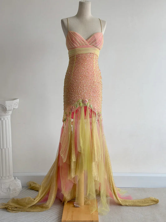 Hermoso vestido de fiesta largo estilo sirena de tul rosa y amarillo con tirantes finos y cuentas, estilo vintage, ED02371